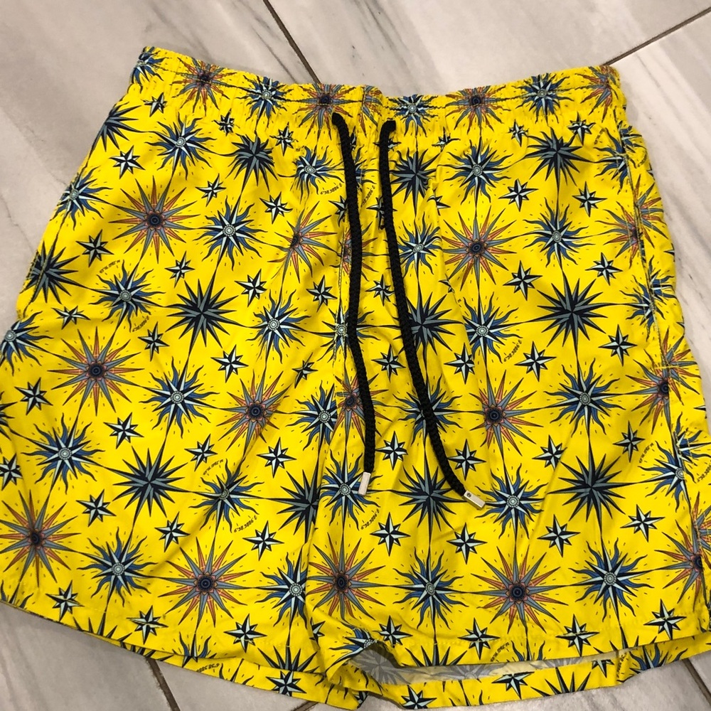 Vilebrequin Yellow Starburst Swim Trunks with Navy Accents